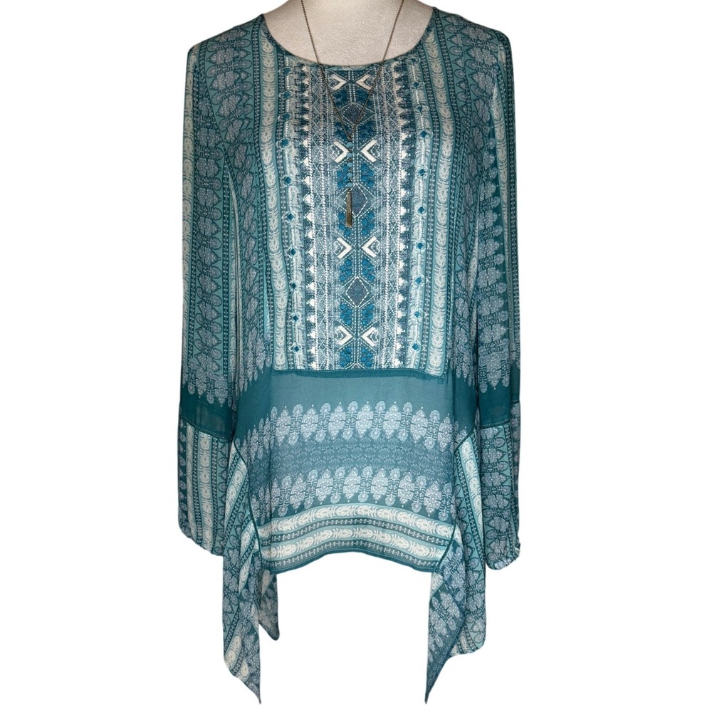 Sundance Embroidered Go Beyond Tunic Top XS Boho Sheer Long Sleeve Keyhole Back